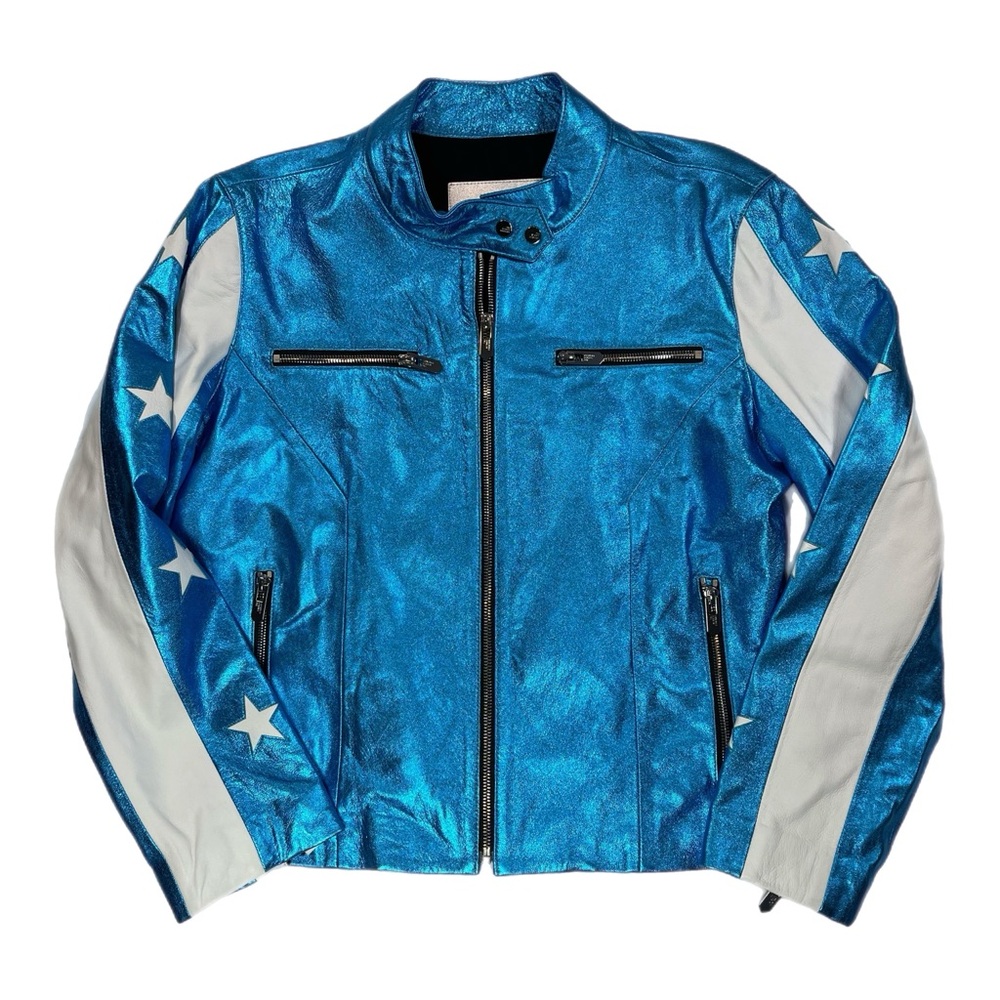 THE MIGHTY COMPANY $1,200 Verona Racer Lamb Leather Jacket XL NWT Blue White